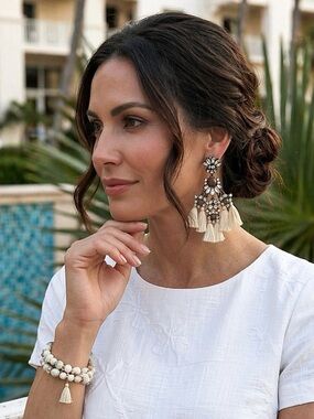 BaubleBar Tassel Chandelier Earrings Crystal Statement Ivory Fringe Boho